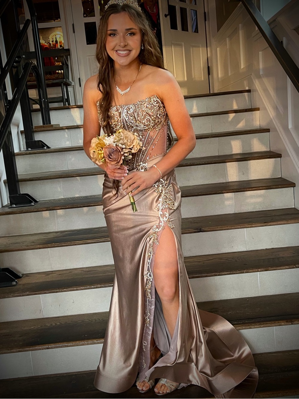Ellie Wilde Gold Embellished Strapless Corset Prom Dress